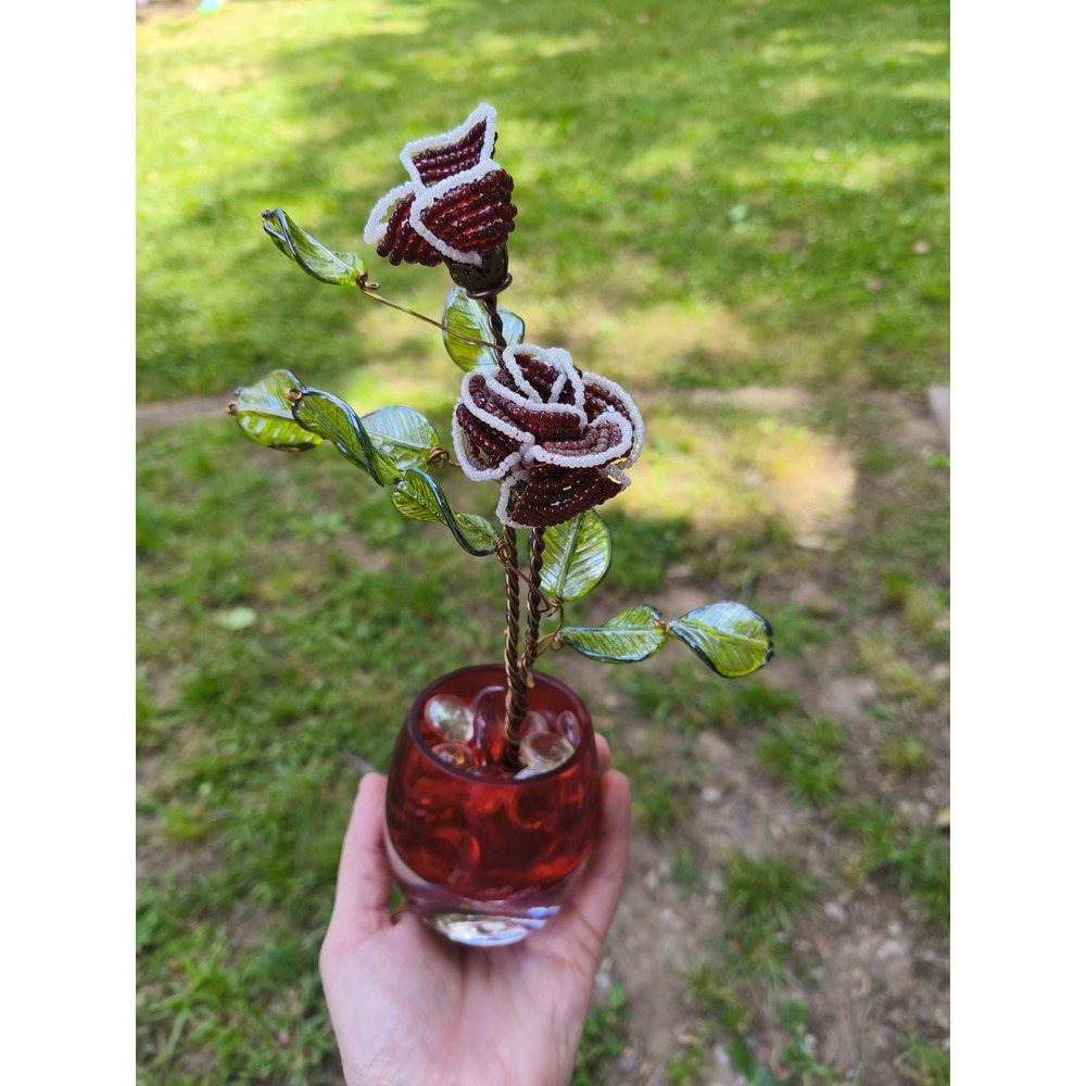 Vintage Handmade Beaded Rose Flower Arrangement Glass Vase Floral Decor